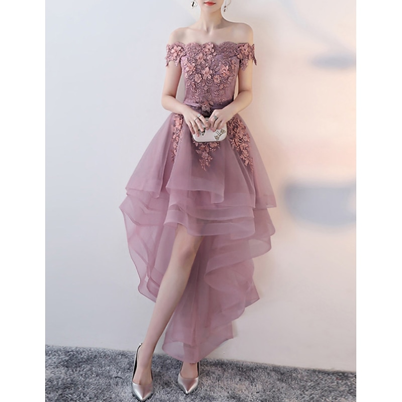 A-Line Prom Party Dress Floral Dress Wedding Guest Prom Asymmetrical Short Sleeve Off Shoulder Tulle with Appliques  Masquerade Dress to impress Dresses