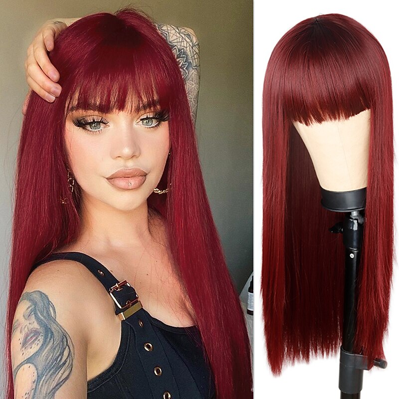 Wine Wigs for Women Synthetic Wig Natural Straight Braid Neat Bang Wig Burgundy Long Synthetic Hair Women's Cosplay Party Mixed Color Christmas Party Wigs