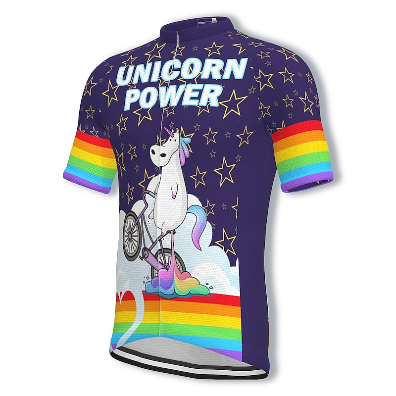 Men's Cycling Jersey Rainbow Unicorn Funny Short Sleeve Bike Jersey Top with 3 Rear Pockets Mountain Bike MTB Road Bike Cycling Quick Dry Soft Reflective Strips Back Pocket Sports Navy White Yellow4