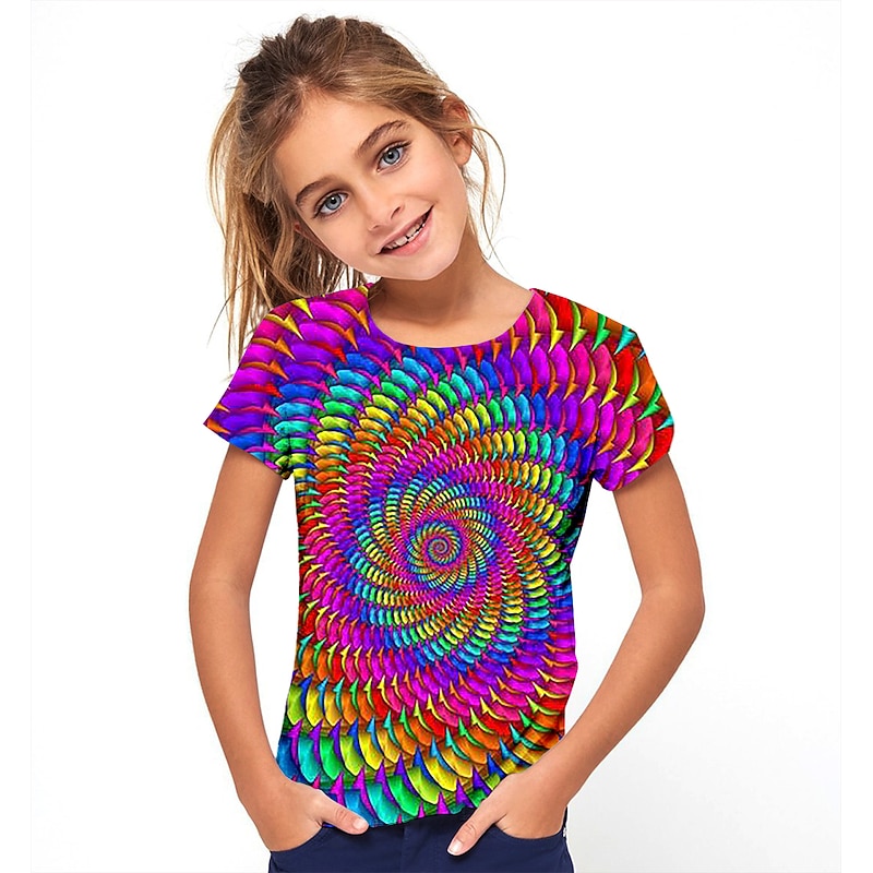 Girls' 3D Graphic Geometric Color Block T shirt Tee Short Sleeve 3D Print Summer Sports Fashion Streetwear Kids Athletic