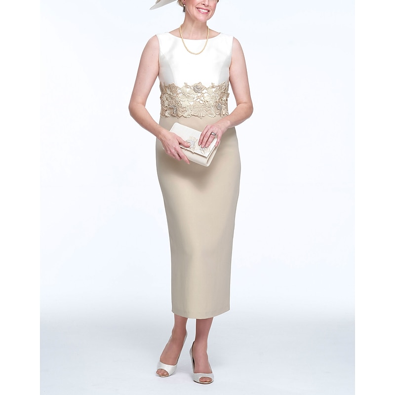 Two Piece Sheath Mother of the Bride Dress Wedding Guest Church Elegant Jewel Neck Ankle Length Stretch Fabric Sleeveless with Appliques Race Day Dress3