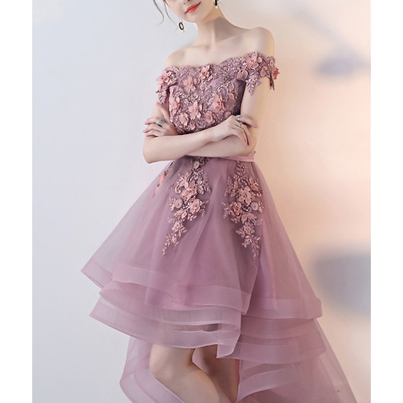 A-Line Prom Party Dress Floral Dress Wedding Guest Prom Asymmetrical Short Sleeve Off Shoulder Tulle with Appliques  Masquerade Dress to impress Dresses3