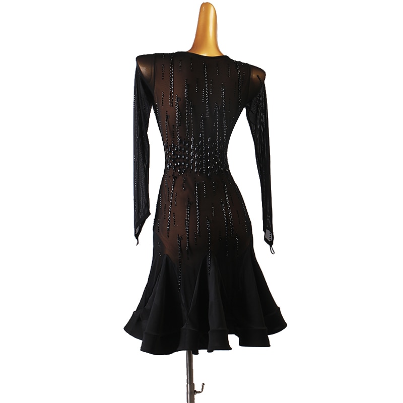 Dance Salsa Latin Dance Dress Beading Crystals / Rhinestones Sequins Women's Performance Long Sleeve Chinlon Mesh3