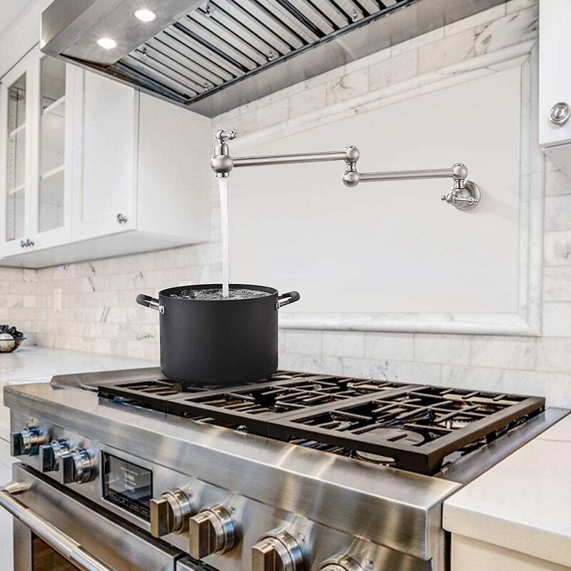 Kitchen Faucet,Wall Mounted Pot Filler Brass Two Handles One Hole Nickel Brushed Foldable Faucet3