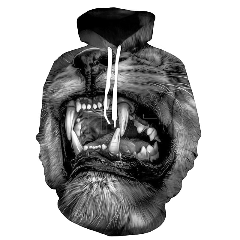 Men's Cartoon Wolf 3D Hoodie Hoodies Sweatshirt Basic Casual Long Sleeve Hooded Black And White Black-White Summer Spring Designer4