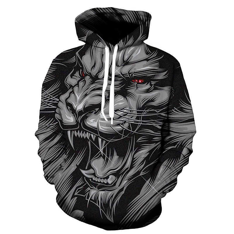 Men's Cartoon Wolf 3D Hoodie Hoodies Sweatshirt Basic Casual Long Sleeve Hooded Black And White Black-White Summer Spring Designer3