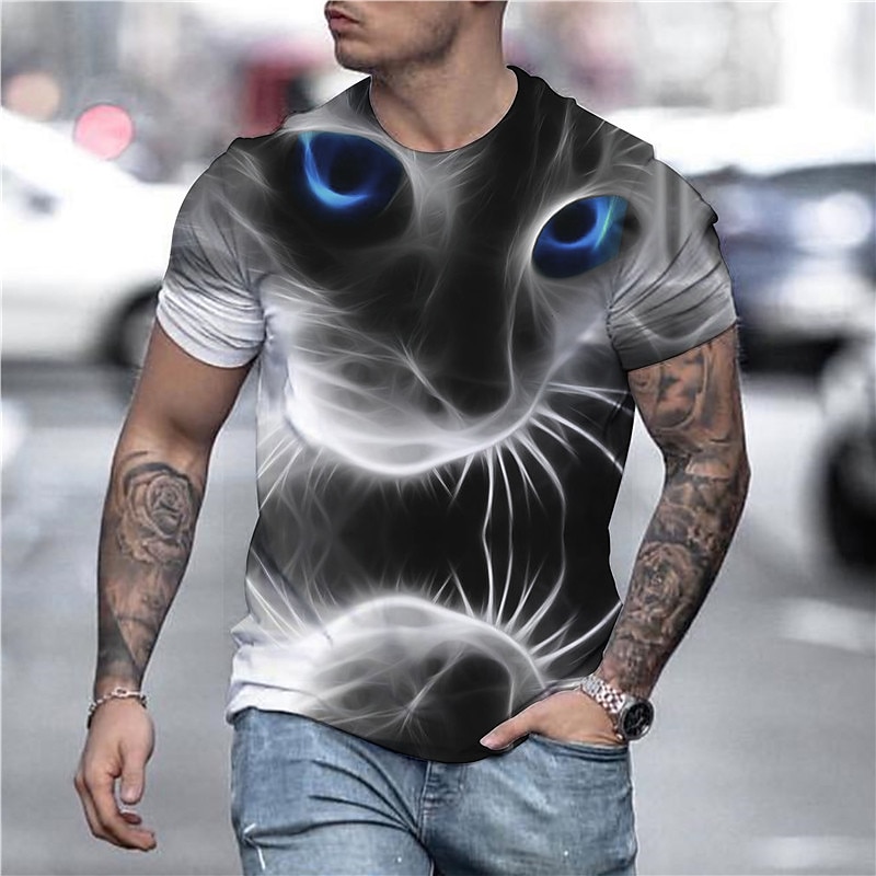 Men's Graphic Animal Cat Shirt T Shirt Tee Short Sleeve T shirt 3D Print Round Neck Shirt Party Designer Country Street Casual Daily Gray Spring & Summer Clothing Apparel Plus Size S M L XL XXL 3XL