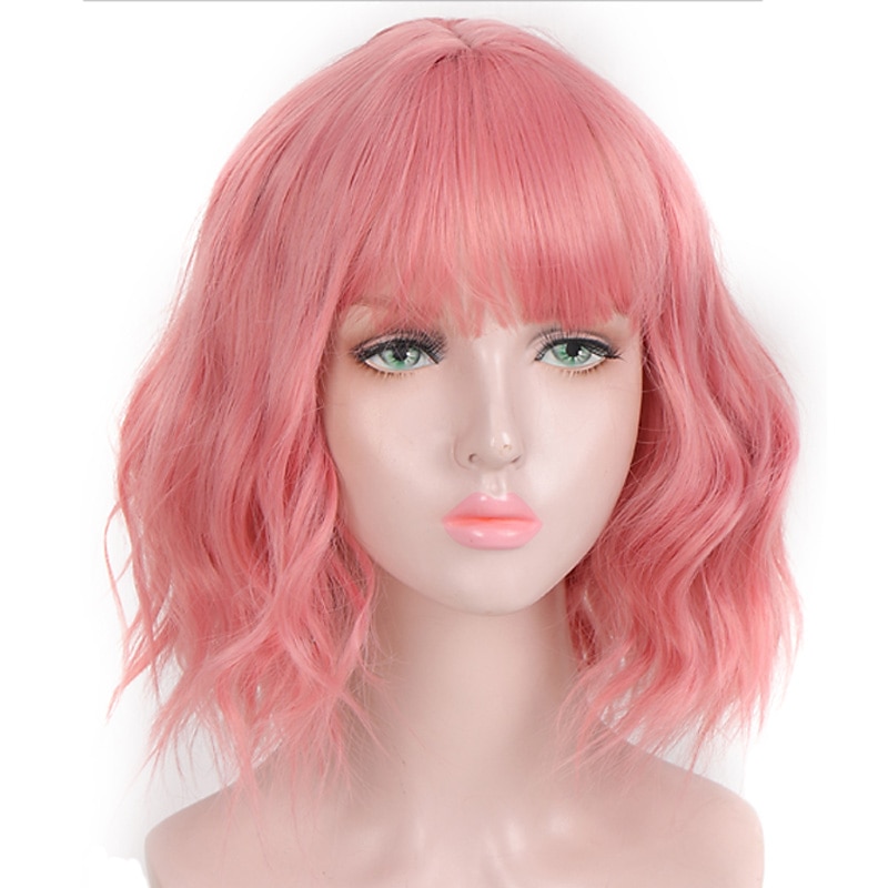 Pink Wigs for Women Synthetic Wig Deep Wave Neat Bang Wig Pink Short A1 A2 A3 A4 A5 Synthetic Hair Women's Cosplay Party Fashion Pink Purple Halloween Wigs