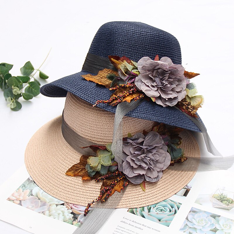 Hats Headwear Straw Hats Straw Bucket Hat Straw Hat Sun Hat Casual Holiday Beach Kentucky Derby Melbourne Cup Vintage Style Elegant With Appliques Flower Headpiece Headwear2
