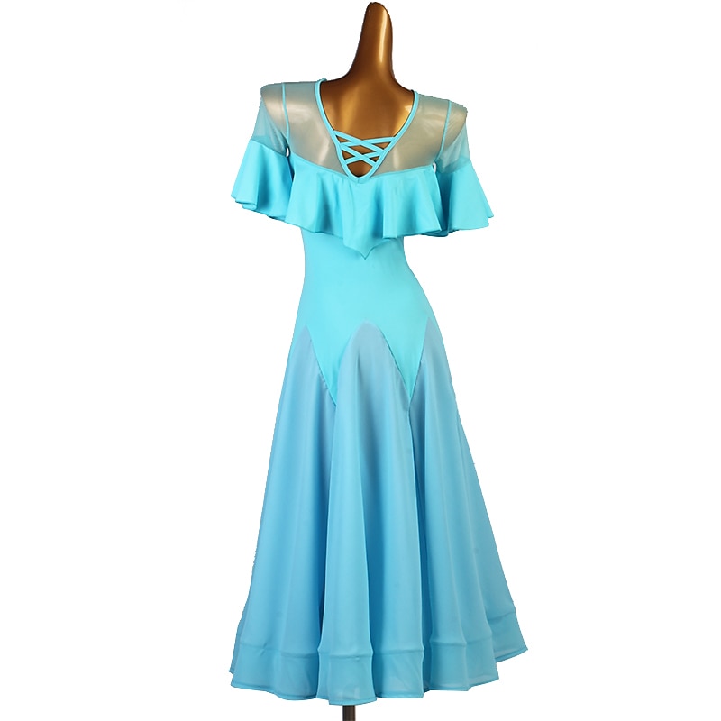 Ballroom Dance Dress Ruffles Split Joint Women's Training Short Sleeve Chiffon Chinlon Mesh3
