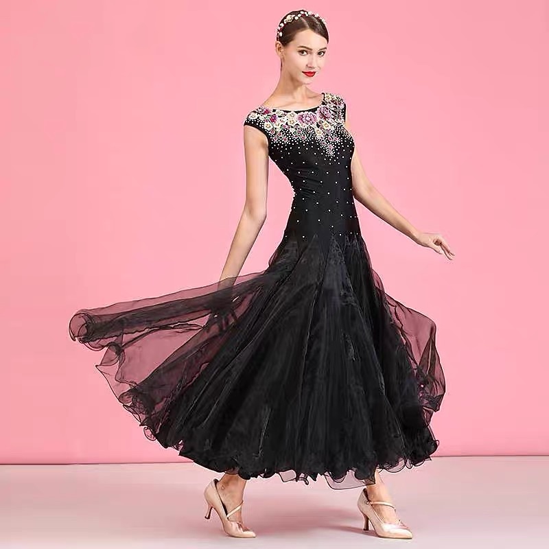 Ballroom Dance Dress Embroidery Crystals / Rhinestones Women's Performance Training Sleeveless Natural Elastane Tulle2