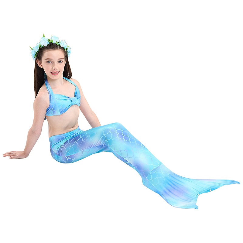 Kids Girls' 3pcs Mermaid Swimwear Swimwear Bikini Vacation Bikini Striped Solid Colored Active Cute Backless Bathing Suits 2-9 Years Summer Light Blue4