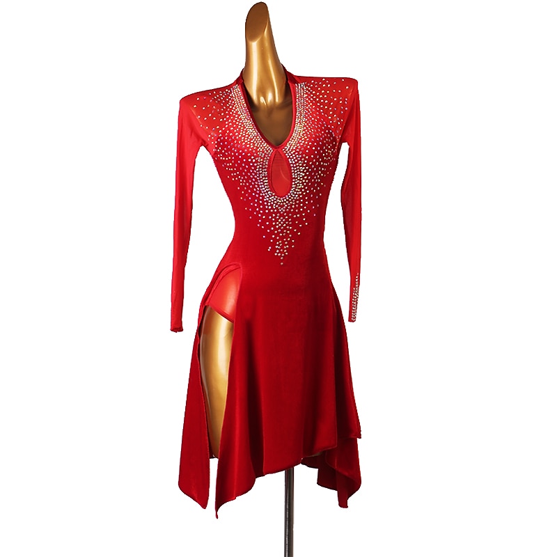 Dance Salsa Latin Dance Dress Crystals / Rhinestones Women's Training Performance Long Sleeve High Velvet