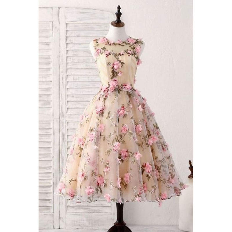 A-Line Cocktail Homecoming Dress Party Dress Valentine's Day Wedding Guest Short / Mini Sleeveless Jewel Neck Satin with Appliques dress to impress