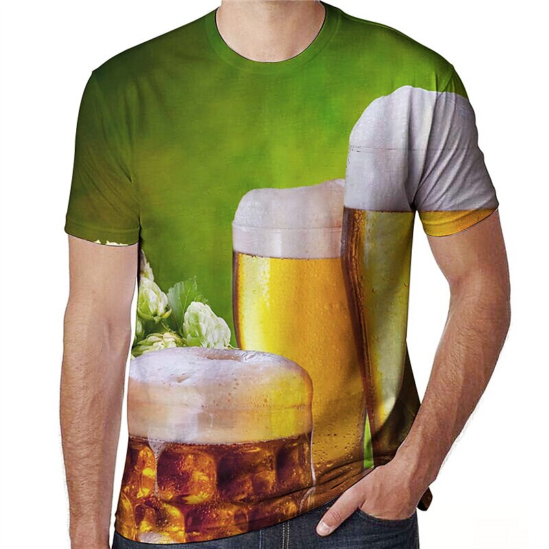 Men's Color Block 3D Beer Shirt T Shirt Short Sleeve T shirt Round Neck Shirt Basic Going out Weekend Yellow Dark Green Green Clothing Apparel Plus Size S M L XL 2XL 3XL 4XL3