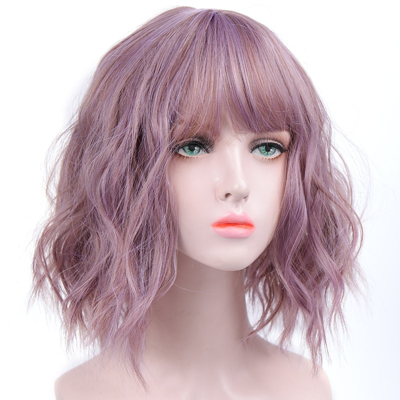 Pink Wigs for Women Synthetic Wig Deep Wave Neat Bang Wig Pink Short A1 A2 A3 A4 A5 Synthetic Hair Women's Cosplay Party Fashion Pink Purple Halloween Wigs3