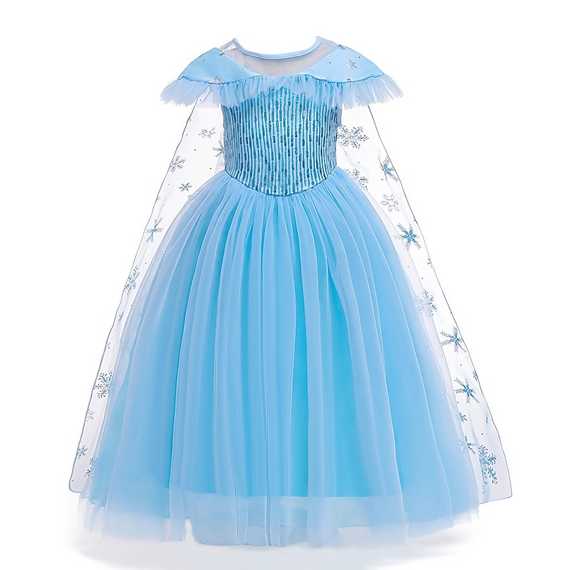 Kids Girls' Frozen Elsa Princess Costumes Dress Snowflake Flower Tulle Dress Birthday Party Sequins Patchwork Full Length Blue Maxi Short Sleeve Elegant Cosplay Dresses Regular Fit