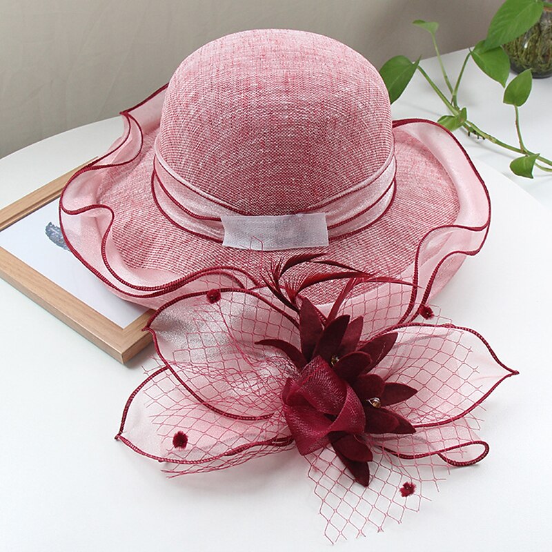 Hats Headwear Straw Hats Tulle Linen /  Blend Bucket Hat Straw Hat Sun Hat Casual Holiday Kentucky Melbourne Cup Vintage Style Elegant With Feather Appliques Headpiece Headwear Race Day Dress3