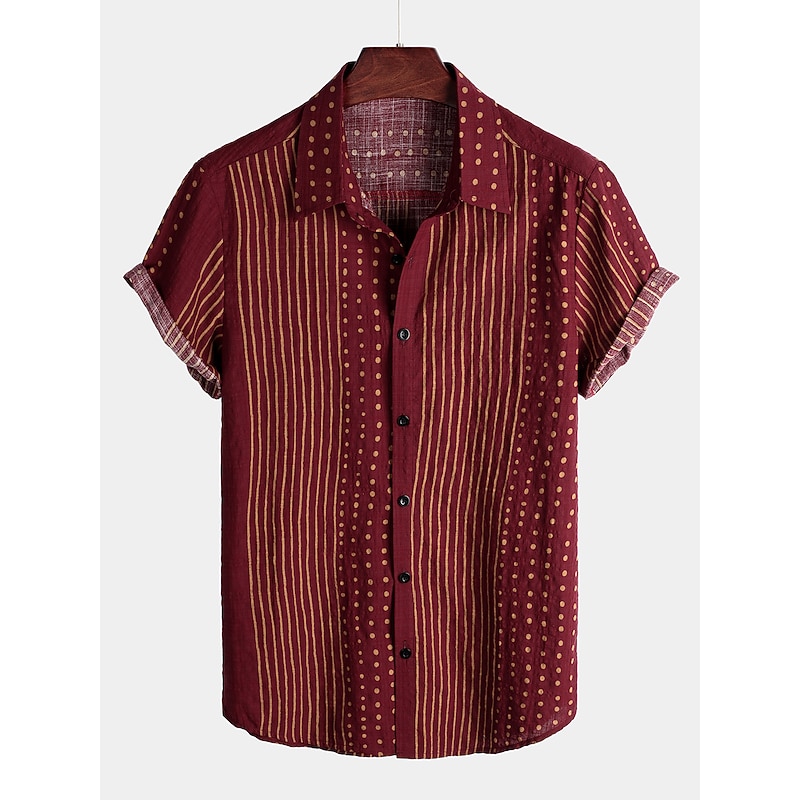 Men's Stripes Geometric Pattern Button Up Shirt Short Sleeve Vintage Vacation Causal Casual Collared Shirts 3D Print Wine