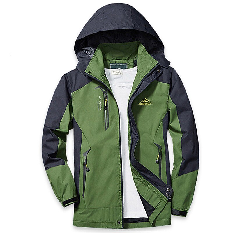 Men's Hoodie Jacket Hiking Softshell Jacket Hiking Windbreaker Outdoor Patchwork Waterproof Windproof Quick Dry Lightweight Jacket Top Full Length Visible Zipper Hunting Fishing Climbing Black Army3