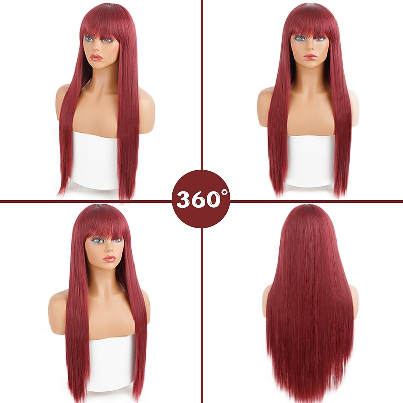 Wine Wigs for Women Synthetic Wig Natural Straight Braid Neat Bang Wig Burgundy Long Synthetic Hair Women's Cosplay Party Mixed Color Christmas Party Wigs3