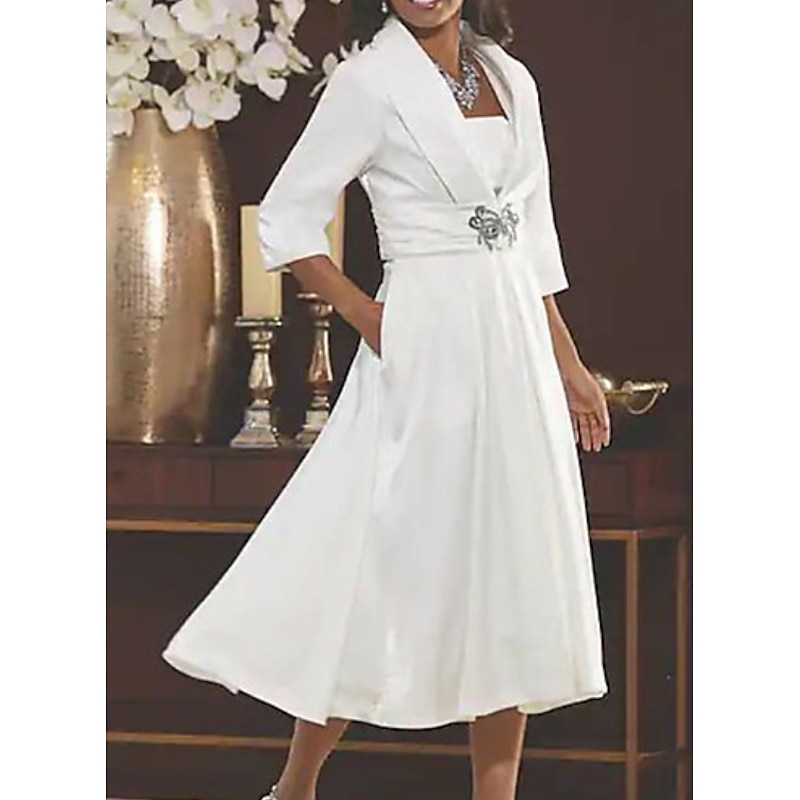 A-Line Mother of the Bride Dress Wedding Guest Elegant Vintage Plus Size Square Neck Tea Length  3/4 Length Sleeve Jacket Dresses with Ruching4