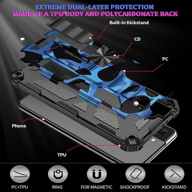 Phone Case For Samsung Galaxy S25 S24 S23 S22 S21 FE S21 Ultra Plus A14 A34 A54 A32 Heavy Duty Full Body Protective Kickstand Military Grade Protection Camouflage TPU3