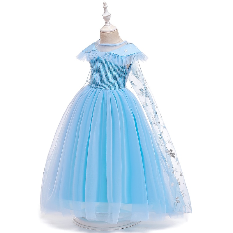 Kids Girls' Frozen Elsa Princess Costumes Dress Snowflake Flower Tulle Dress Birthday Party Sequins Patchwork Full Length Blue Maxi Short Sleeve Elegant Cosplay Dresses Regular Fit2