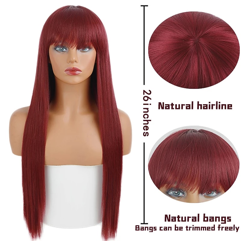 Wine Wigs for Women Synthetic Wig Natural Straight Braid Neat Bang Wig Burgundy Long Synthetic Hair Women's Cosplay Party Mixed Color Christmas Party Wigs4