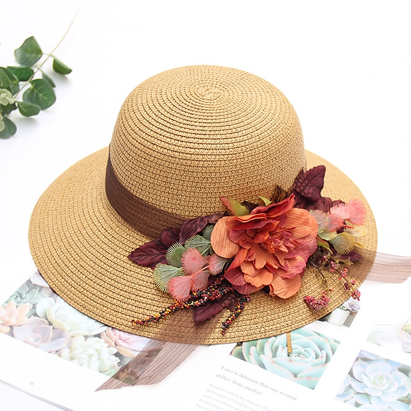 Hats Headwear Straw Hats Straw Bucket Hat Straw Hat Sun Hat Casual Holiday Beach Kentucky Derby Melbourne Cup Vintage Style Elegant With Appliques Flower Headpiece Headwear