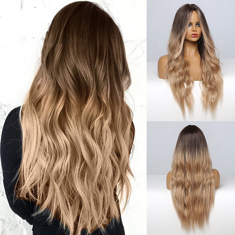 Brown Wigs for Women Ombre Blonde Brown Long Wig with Bangs Middle Part Hair Wig Cosplay Natural Heat Resistant Synthetic Wigs for Women 24inch barbiecore Wigs