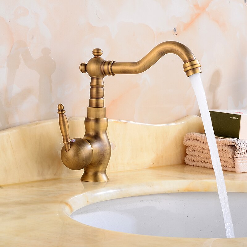 Antique Brass Bathroom Sink Faucet,Single Handle One Hole Traditional Bath Taps with Hot and Cold Water and Ceramic Valve4