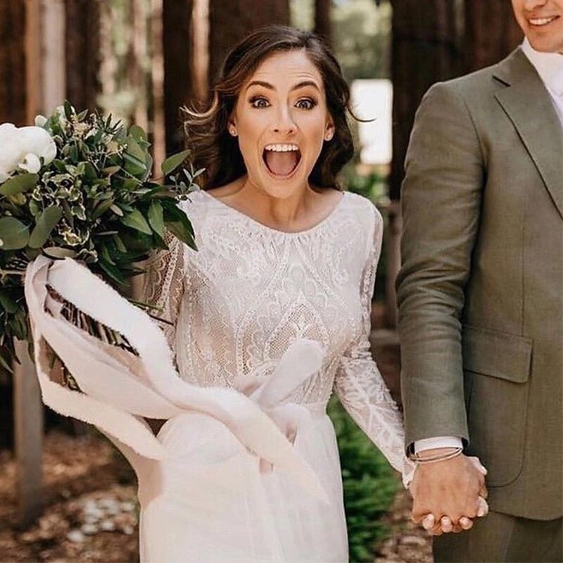 Beach Wedding Beach Open Back Boho Wedding Dresses A-Line Scoop Neck Long Sleeve Sweep / Brush Train Lace Bridal Gowns With Pleats Appliques4