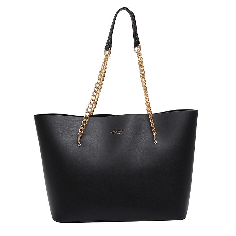 Black Tote Bag with Gold Chain Straps – Stylish and Spacious PU Leather Handbag for Women, Perfect for Work, Travel, and Everyday Use