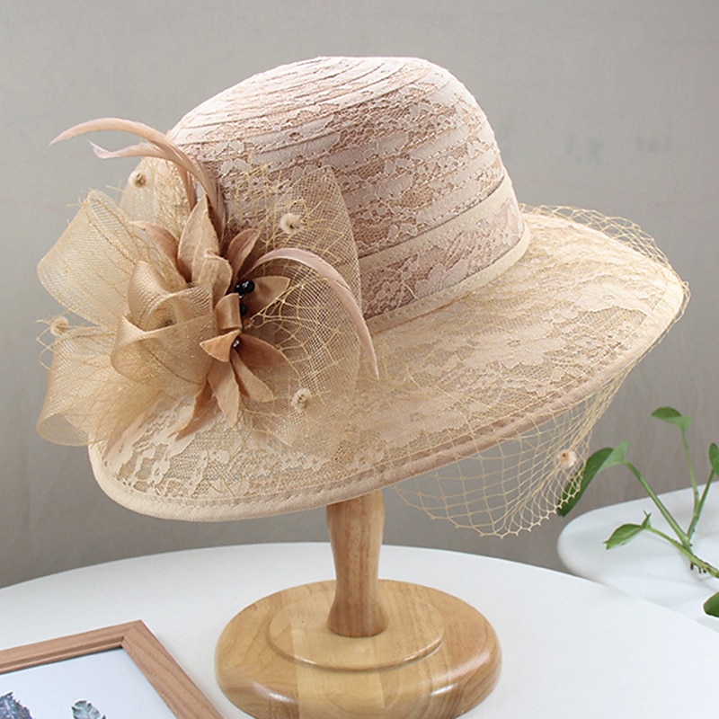 Hats Headwear Tulle Bucket Hat Straw Hat Sun Hat Casual Holiday Kentucky Derby Horse Race Ladies Day Vintage Style Elegant Lace With Feather Lace Headpiece Headwear