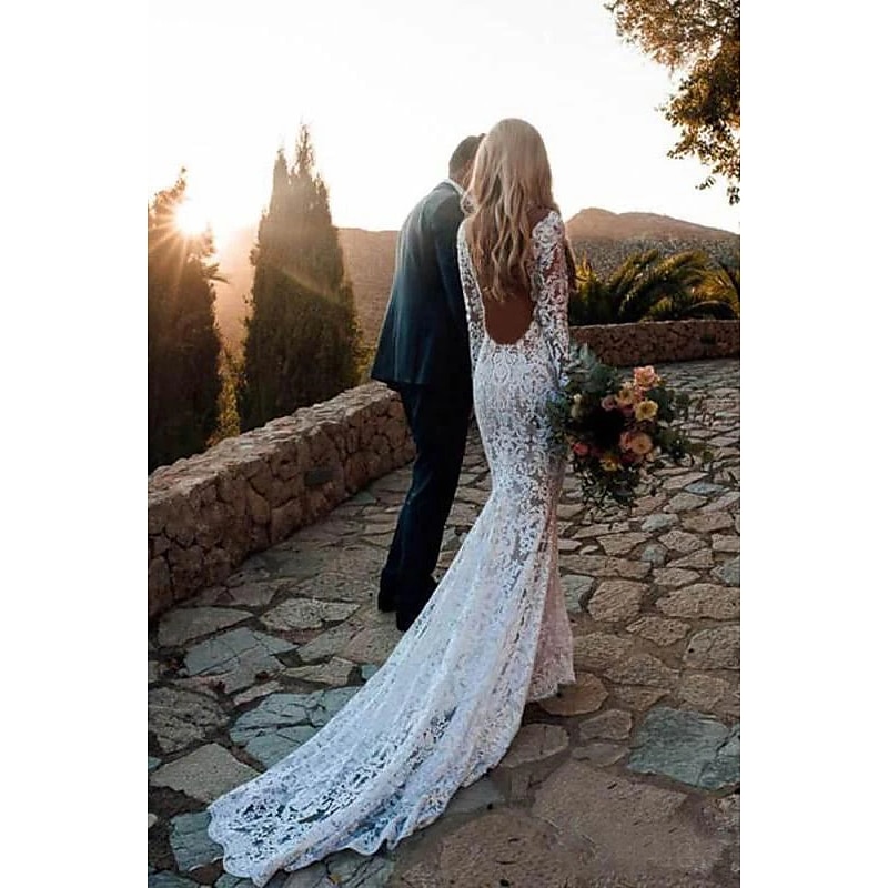 Beach Wedding Beach Open Back Boho Wedding Dresses Mermaid V Neck Long Sleeve Court Train Lace Bridal Gowns With Appliques3