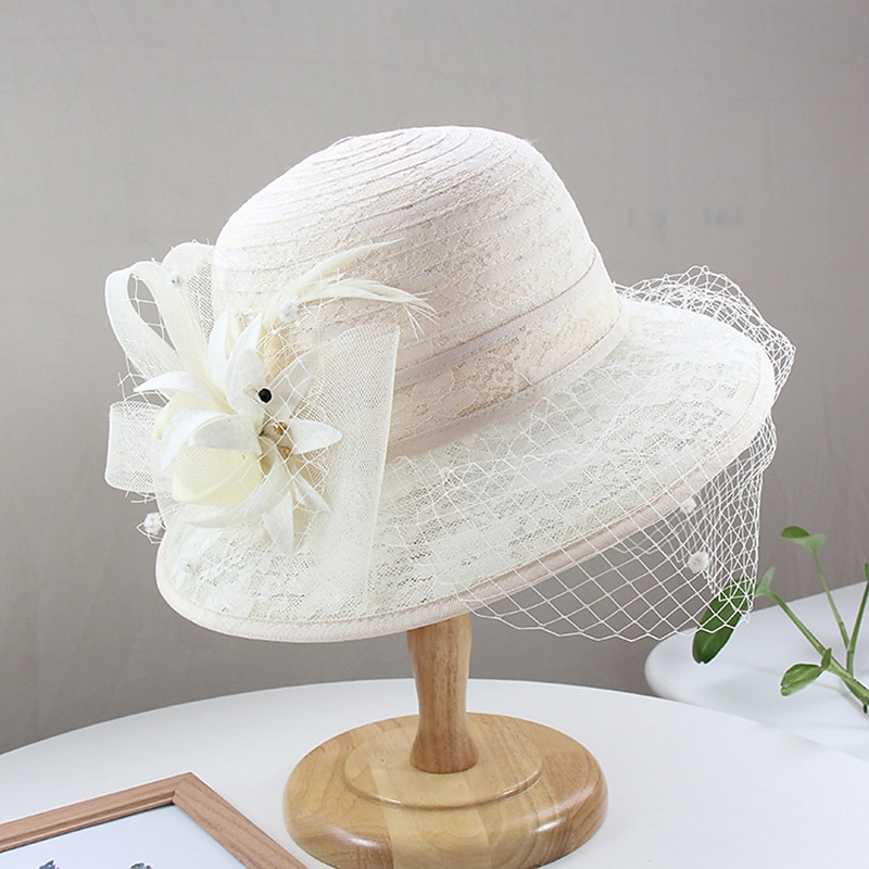 Hats Headwear Tulle Bucket Hat Straw Hat Sun Hat Casual Holiday Kentucky Derby Horse Race Ladies Day Vintage Style Elegant Lace With Feather Lace Headpiece Headwear2