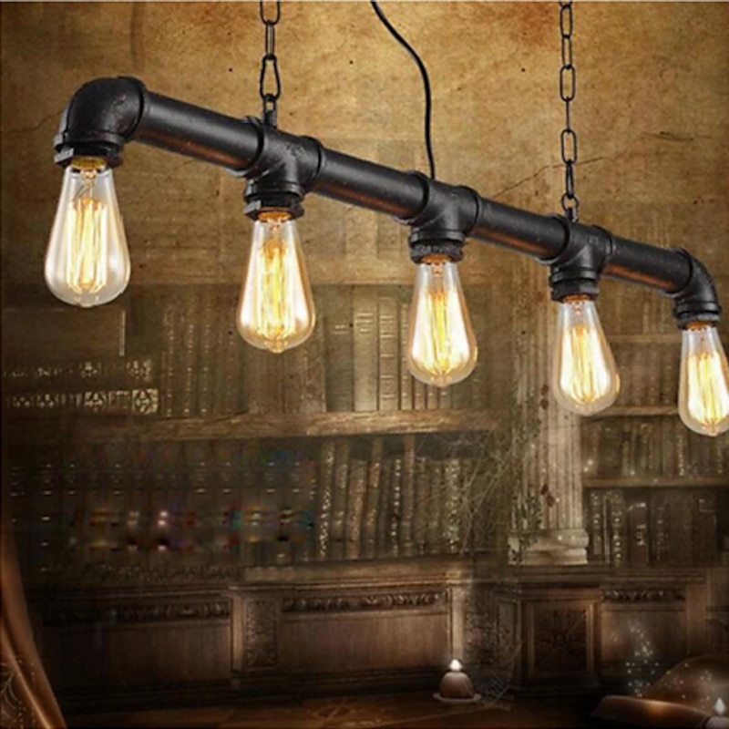 5-Light 90cm Industrial Pendant Light Vintage Wrought Iron Pipe in Black Finish Steampunk Chandelier Bar Bistro Restaurant Lighting