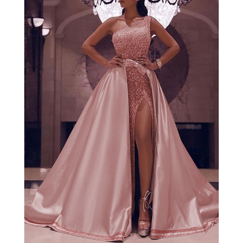 Ball Gown Prom Dresses Sparkle & Shine Dress Wedding Guest Evening Party Floor Length Sleeveless One Shoulder Detachable Satin with Bow(s) Sequin Slit