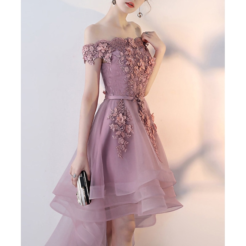 A-Line Prom Party Dress Floral Dress Wedding Guest Prom Asymmetrical Short Sleeve Off Shoulder Tulle with Appliques  Masquerade Dress to impress Dresses2
