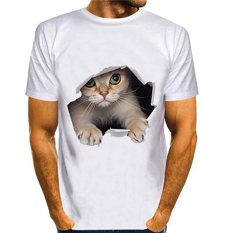 Men's Animal Cat Graphic Prints Shirt T Shirt Tee Short Sleeve T shirt 3D Print Round Neck Shirt Streetwear Slim Fit Workout Casual Daily White Yellow Blue Summer Clothing Apparel Plus Size S M L XL4