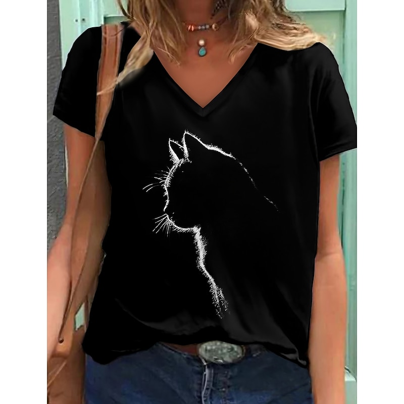 Women's T shirt Tee Black Graphic Cat Print Short Sleeve Daily Weekend Basic V Neck Regular 3D Cat S2