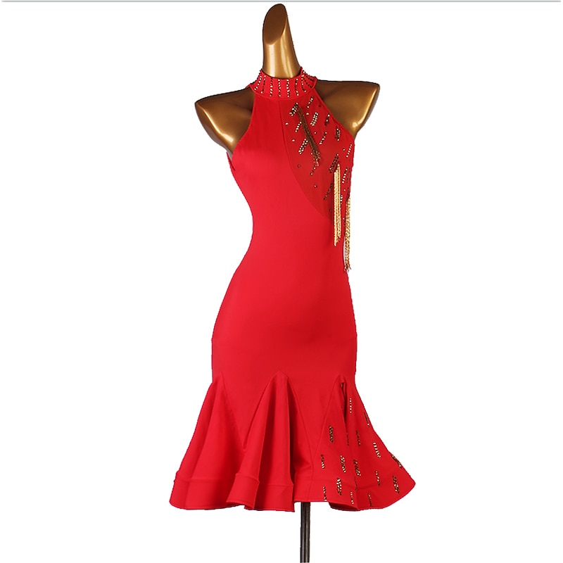 Latin Dance Dress Tassel Split Joint Crystals / Rhinestones Women's Performance Sleeveless Natural Chinlon Mesh Ice Silk3