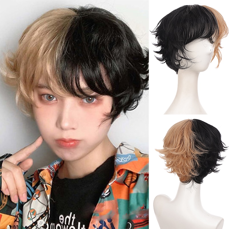 Short Pix Cut Straight Black White Yellow Half Cosplay Anime Costume Halloween Wigs Synthetic Hair With Bangs For Men Boy Women2