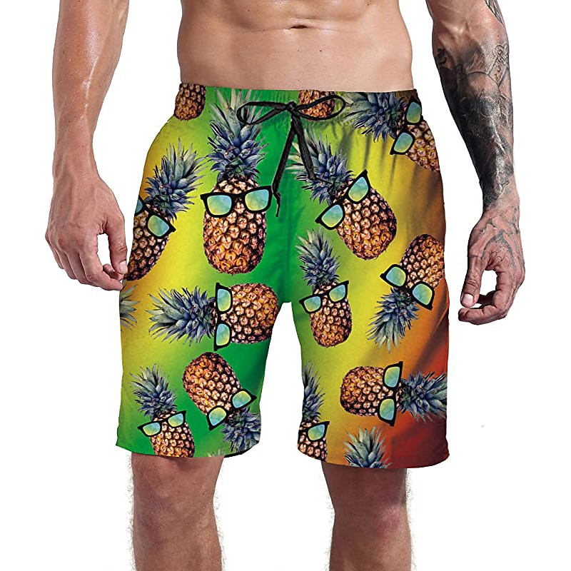 Men's Pineapple Swim Trunks Swim Shorts Board Shorts Mid Waist 3D Print Hawaiian Casual Holiday Beach Pocket Drawstring Elastic Waist Designer Clothing Apparel