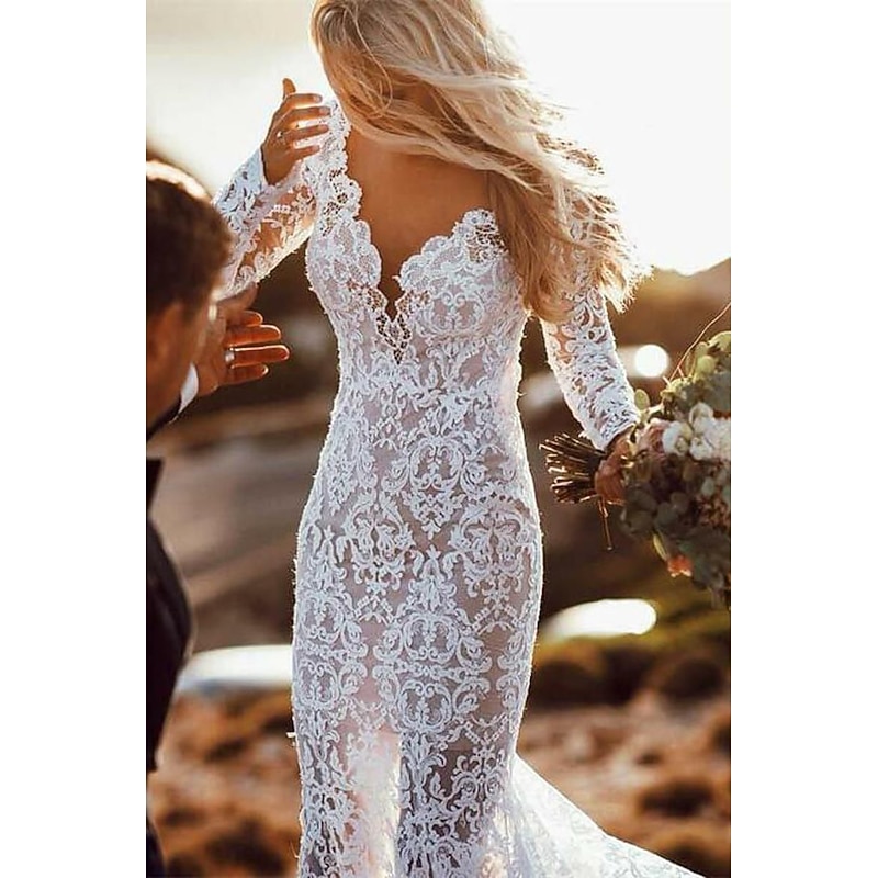 Beach Wedding Beach Open Back Boho Wedding Dresses Mermaid V Neck Long Sleeve Court Train Lace Bridal Gowns With Appliques