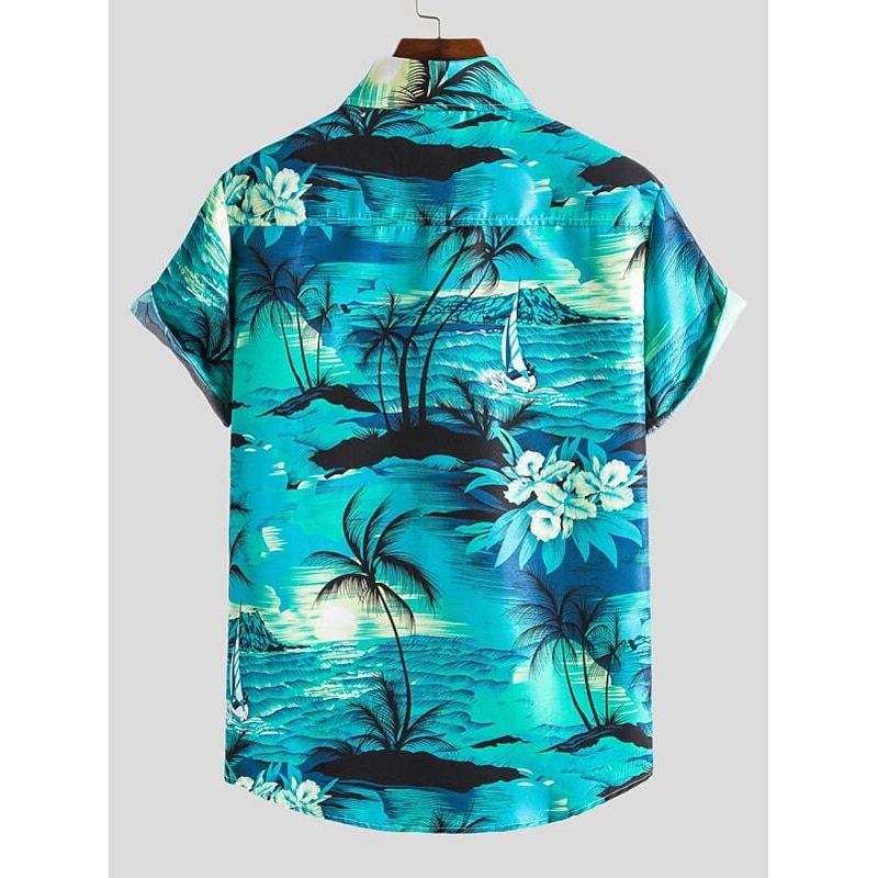 Men's Palm Tree Sea Sailboat Shirt Summer Hawaiian Shirt Aloha Shirt Short Sleeve Shirt Collar Button Down Collar Designer Boho Beach Daily Going out Pink Royal Blue Blue Other Prints S M L2