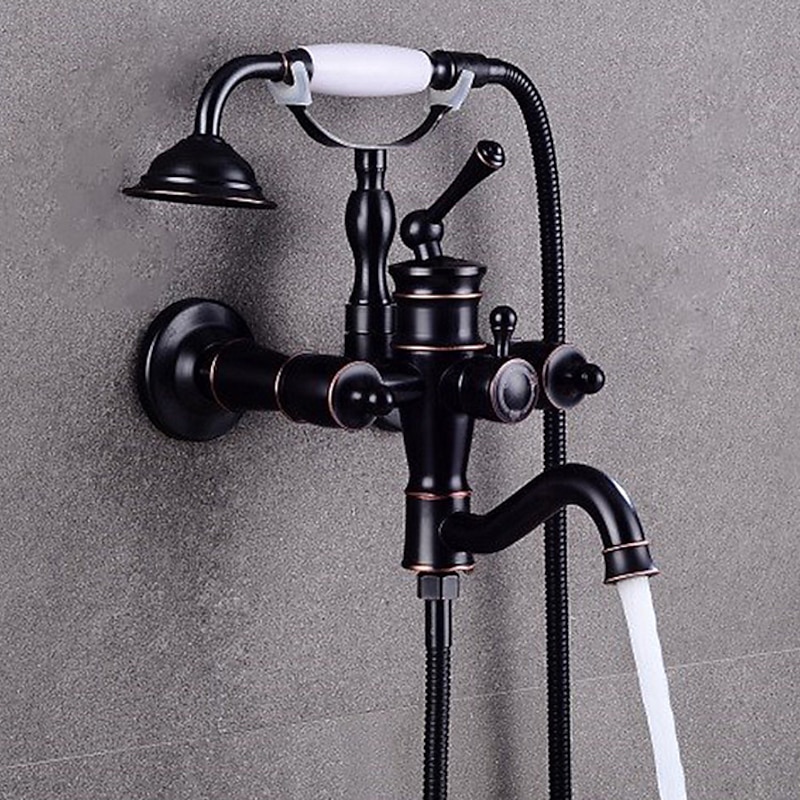 Shower Faucet Set Rainfall Shower Vintage Style Electroplated Mount Outside Ceramic Valve Bath Shower Mixer Taps / Brass / Two Handles Two Holes2