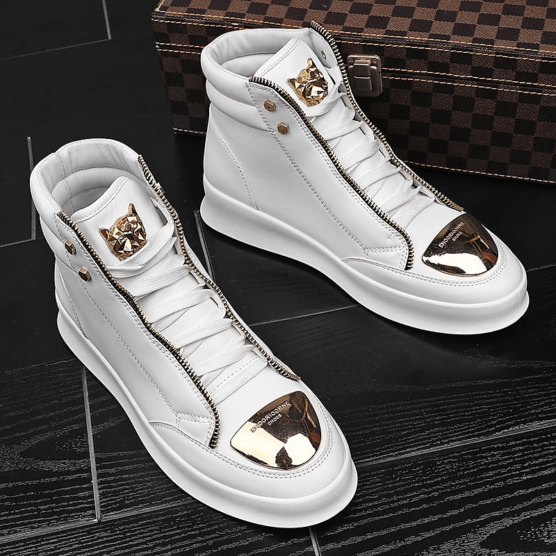 Men's White High-Top Sneakers with Gold Metallic Accents and Zipper Detailing - Luxury Streetwear Fashion Shoes