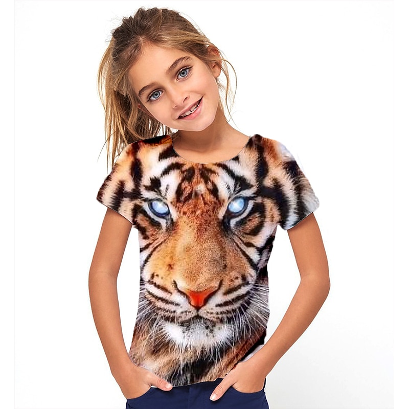 Kids Girls' T shirt Tee Short Sleeve Butterfly Cat Horse Color Block 3D Animal Print Lake blue Navy White Children Tops Basic Streetwear Cute